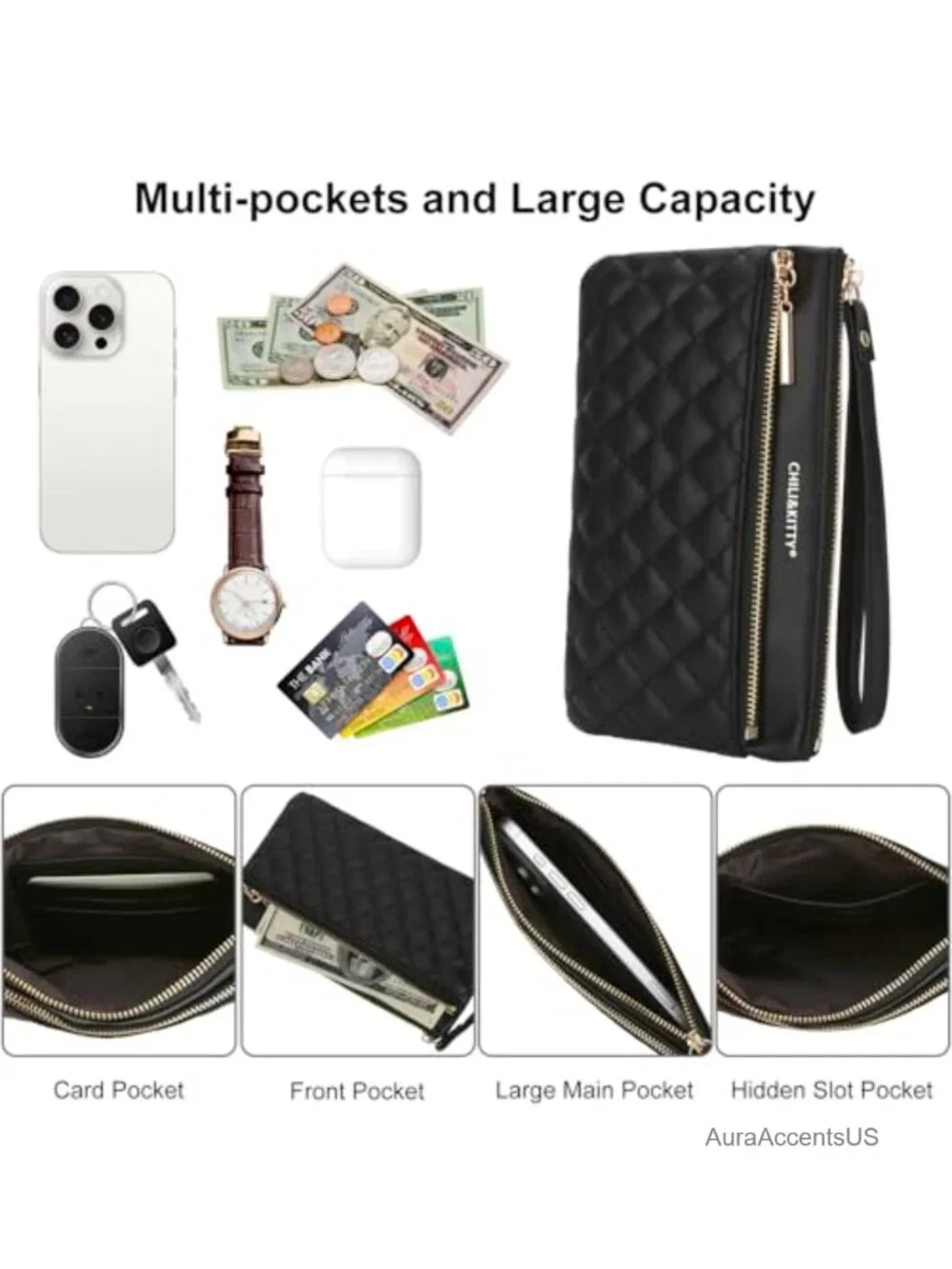 PU Leather Small Wristlet Purse with Card Slots and Zipper Closure